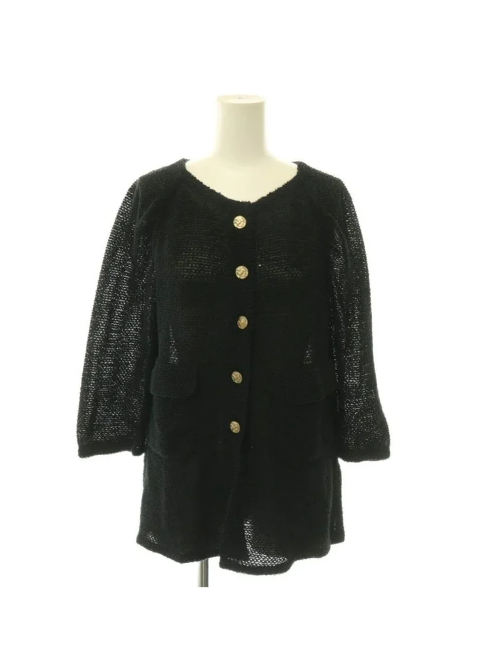 Chanel 18c Hose Button Tweed Cardigan 3/4 Sleeve 38 Black